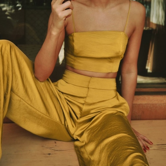 Le Rumi Arabella Mustard Gold Satin Wide Leg Trousers - Picture 3 of 5